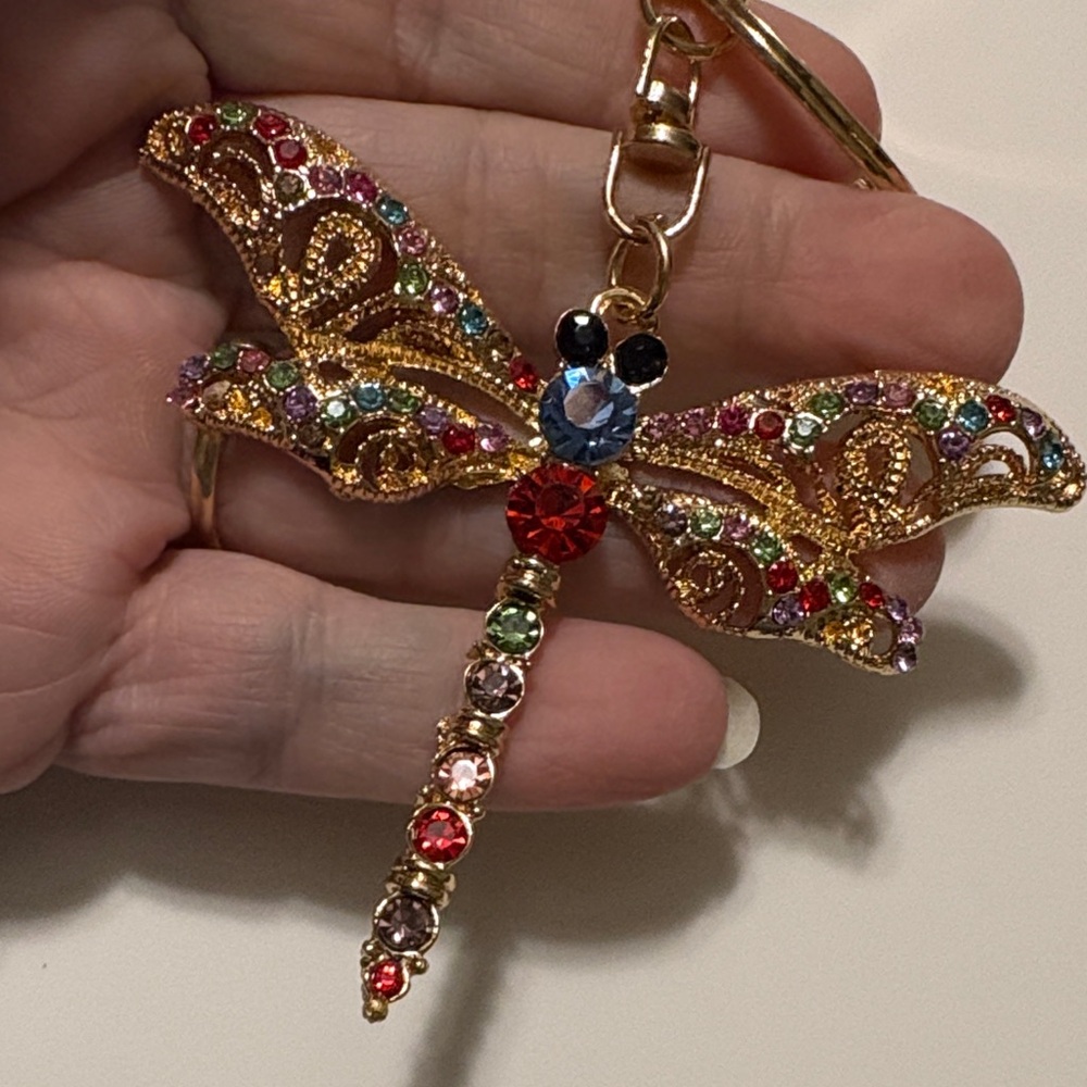 Gold Dragonfly Keychain with Multicolor Crystals - Picture 9 of 9